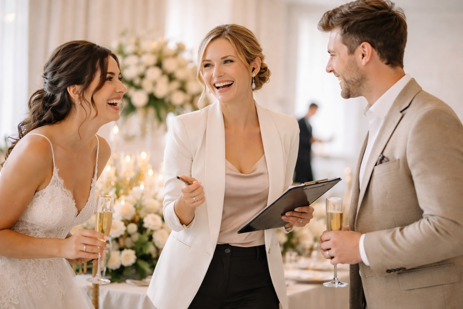 wedding planner laughing with engaged couple during wedding reception setup