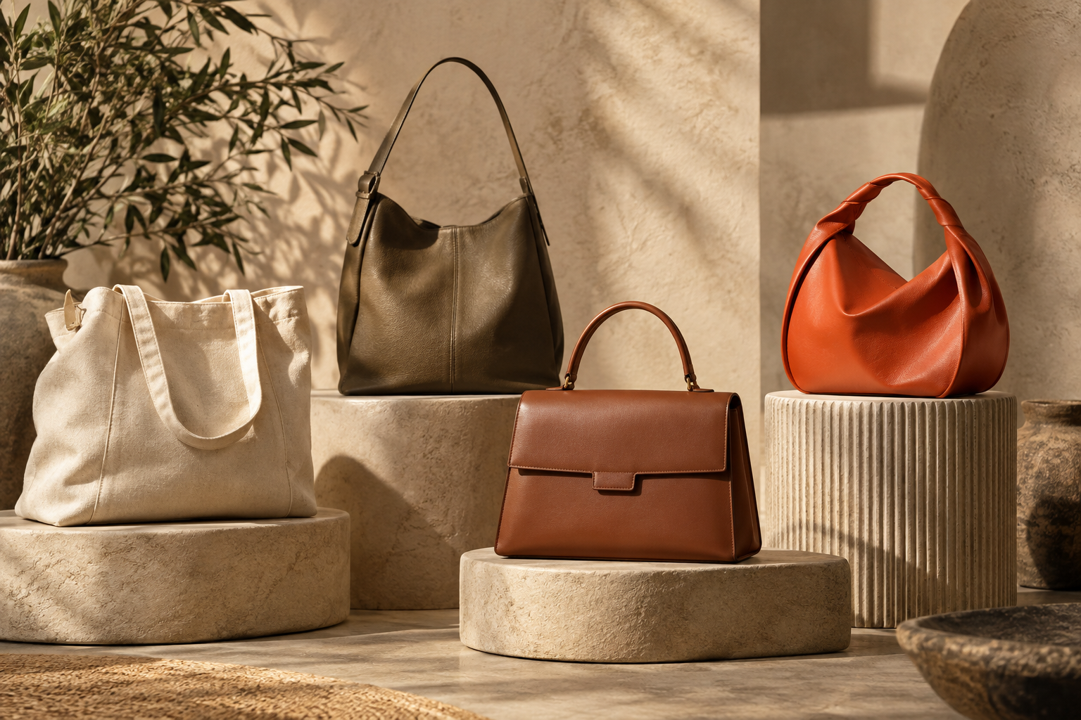 Four distinct handbags representing budget, value, premium, and luxury buyer types arranged on warm neutral pedestals.